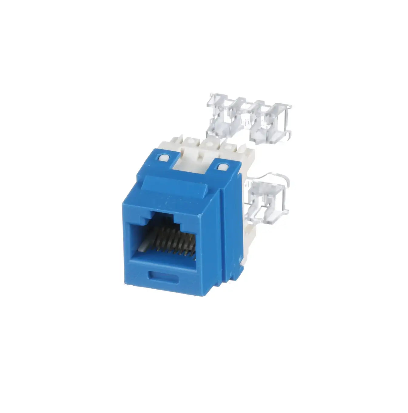 Conector keystone jack Cat6 azul de PANDUIT, ideal para redes de alta velocidad.