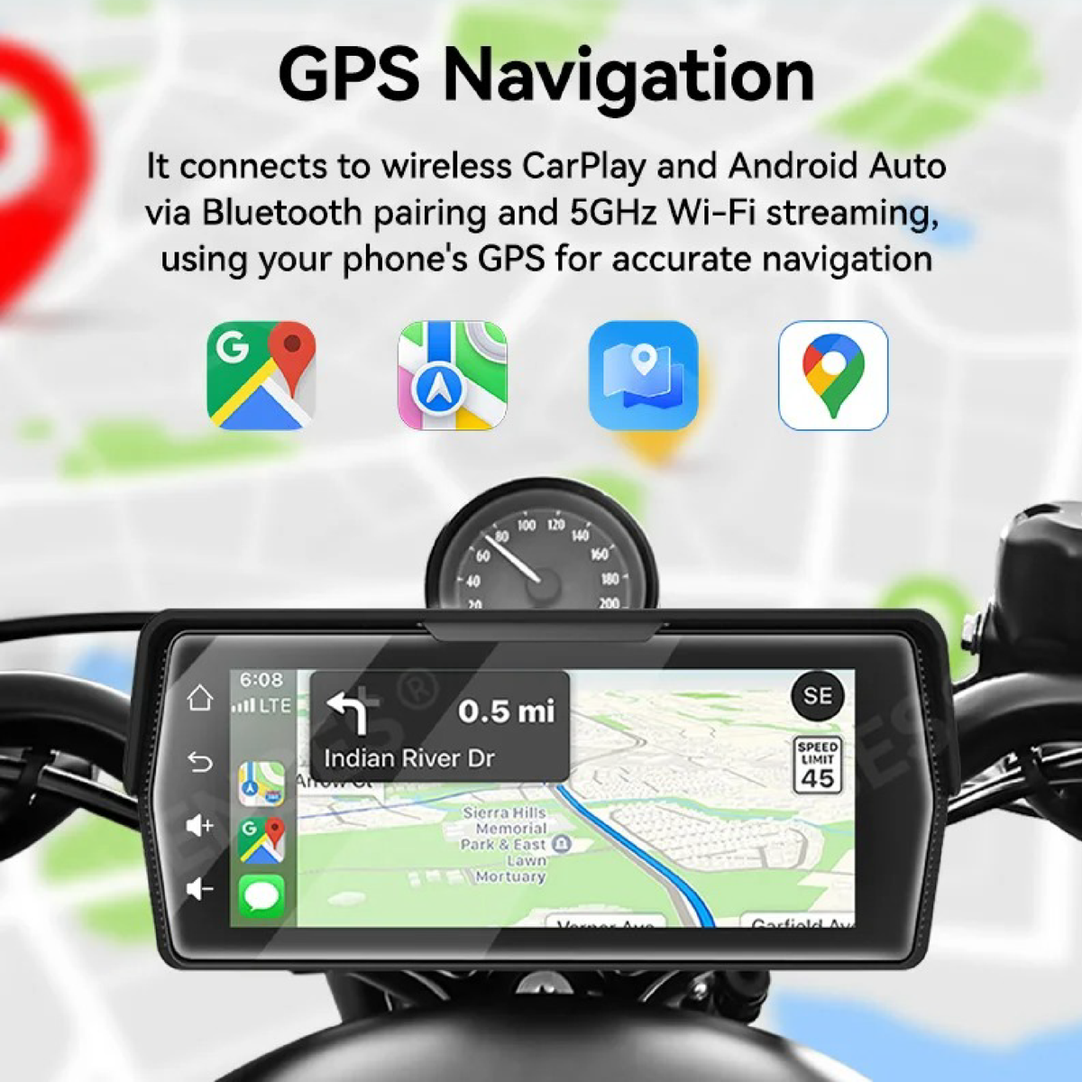 Pantalla para motocicleta con Carplay y Android Auto 6.86 mostrando navegación GPS y conectividad Bluetooth