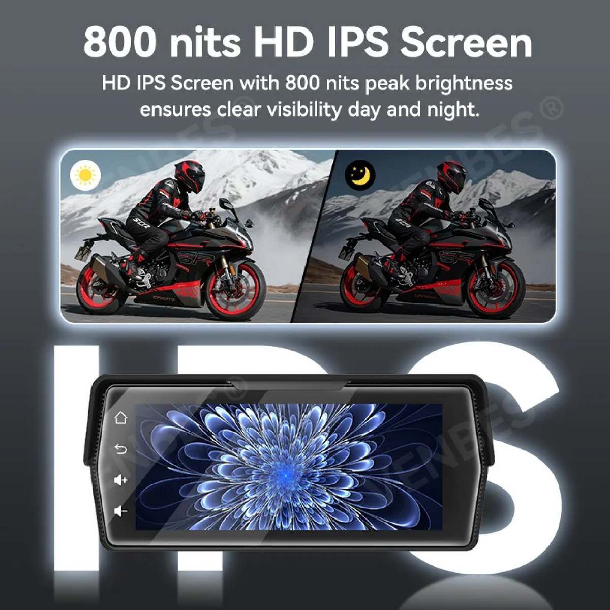 Pantalla para motocicleta con Carplay y Android Auto 6.86" mostrando visibilidad clara con brillo de 800 nits.
