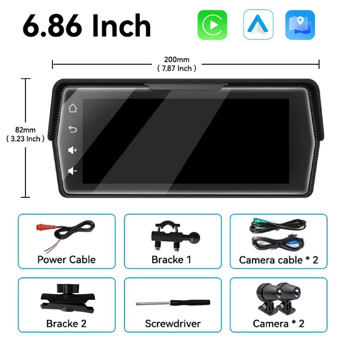 Pantalla para motocicleta con Carplay y Android Auto 6.86" con accesorios como cables, soportes y cámaras