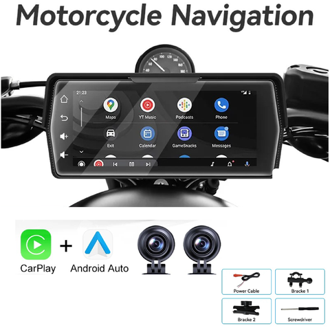 Pantalla para motocicleta con Carplay y Android Auto 6.86" mostrando navegación y características de conexiones.