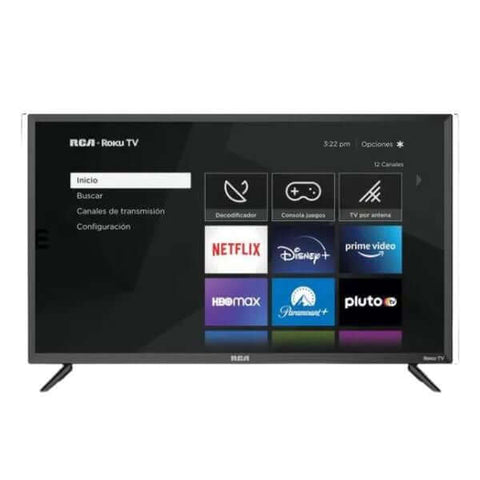Pantalla RCA 50" UHD 4K con Roku TV mostrando la interfaz de aplicaciones de streaming en la pantalla.