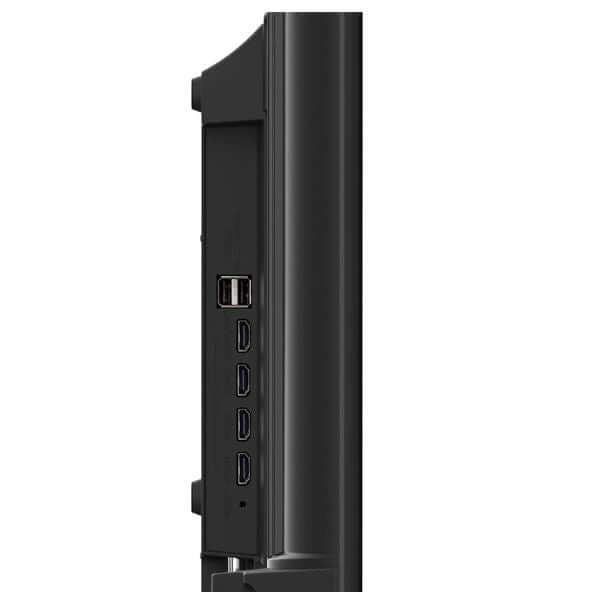 Vista lateral de la pantalla RCA Roku 43 pulgadas 4K, mostrando sus puertos y conectividad.