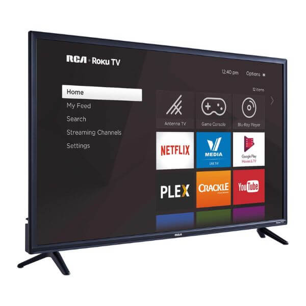 Pantalla RCA Roku 43 pulgadas 4K con interfaz de menú de aplicaciones de streaming.