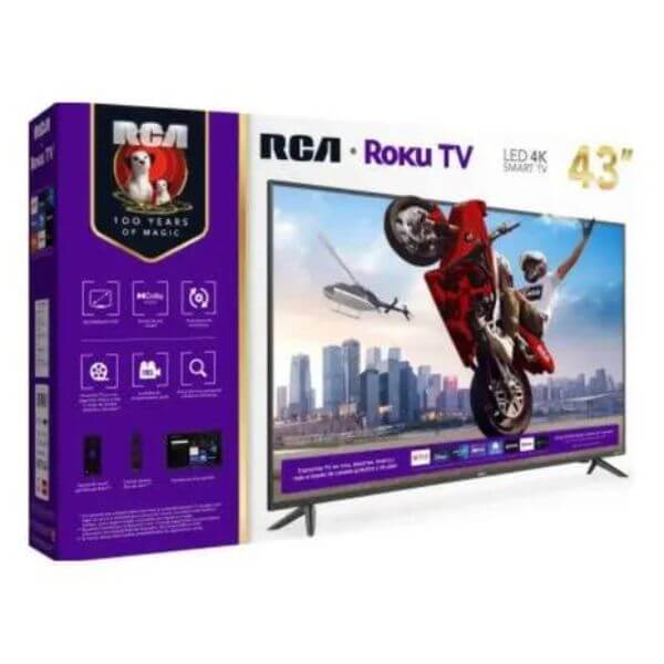 Pantalla RCA Roku 43 pulgadas 4K, Smart TV con resolución 4K, ideal para entretenimiento y juegos.