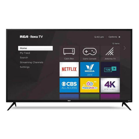 Pantalla RCA Roku 55 pulgadas 4K Smart TV con interfaz de usuario y acceso a aplicaciones como Netflix y CBS.
