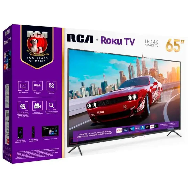 Pantalla RCA Roku 65 4K muestra elegante diseño y calidad de imagen, ideal para entretenimiento familiar.