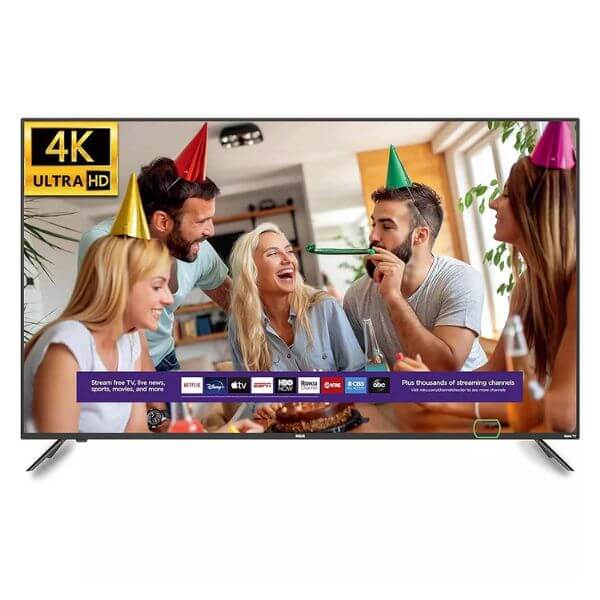 Pantalla RCA Roku 70 pulgadas 4K con celebración y calidad de imagen Ultra HD.