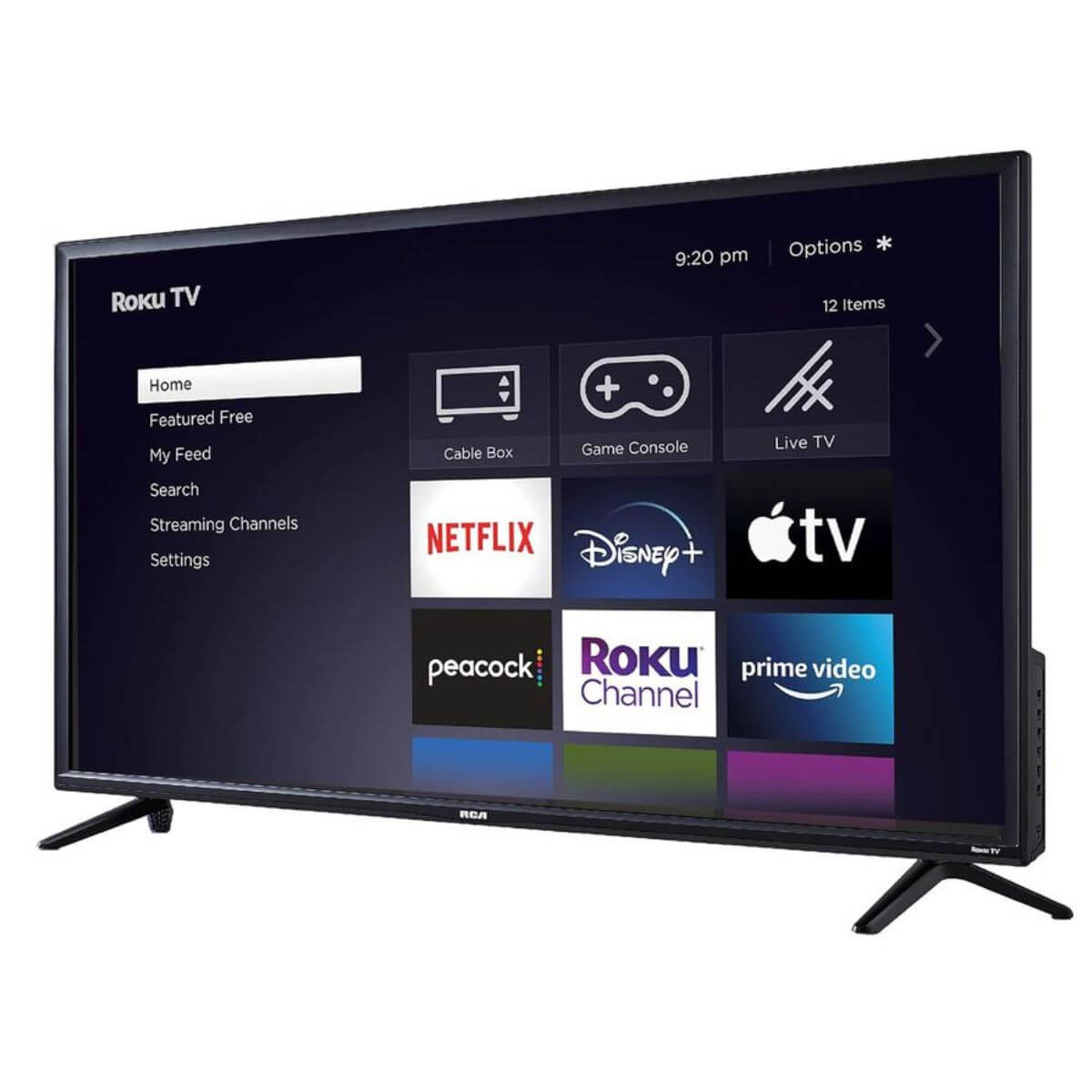 Pantalla RCA Roku 4K 86 pulgadas con interfaz de usuario de Roku y aplicaciones de streaming.