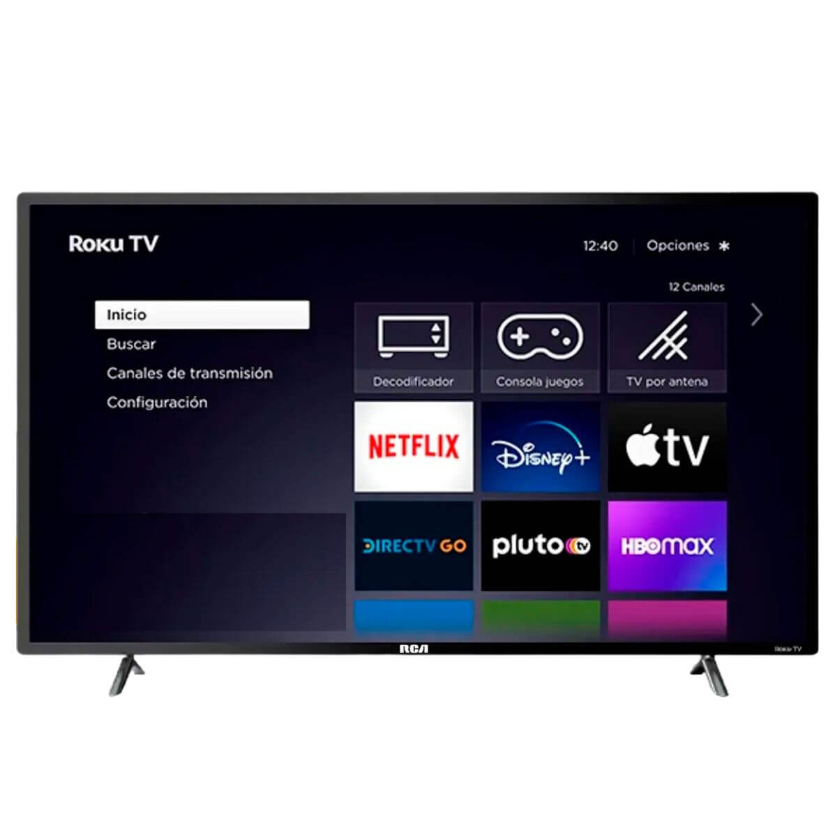 Pantalla RCA Roku 4K 86 pulgadas mostrando la interfaz de Roku TV con múltiples aplicaciones de streaming.