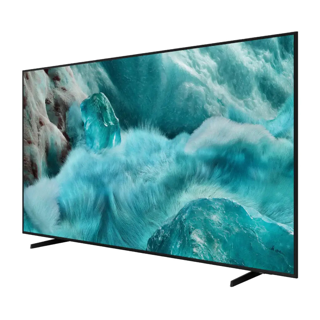 Pantalla Samsung QLED 50 pulgadas 4K mostrando imagen de agua y hielo en tonos azules