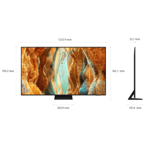 Pantalla Samsung QN70F 75 pulgadas Neo QLED 4K mostrando dimensiones y un diseño moderno.