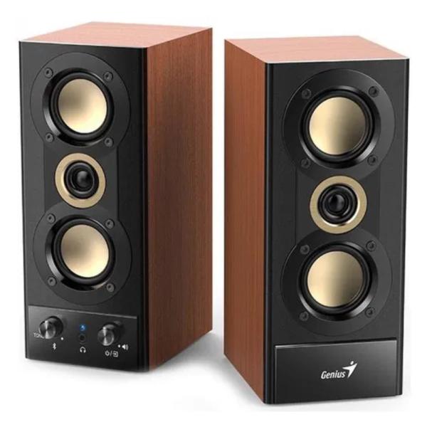 PARLANTE GENIUS SP-HF800BT 20W BLUETOOTH 31730051400 wooden desktop speaker pair with gold drivers and control knobs