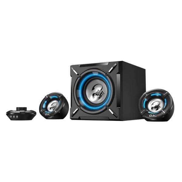 PARLANTE GENIUS SW-G2.1 1000 26W CABLEADO 3.5MM / RCA 31730043401 - set de parlantes con subwoofer y satélites negros y luz azul