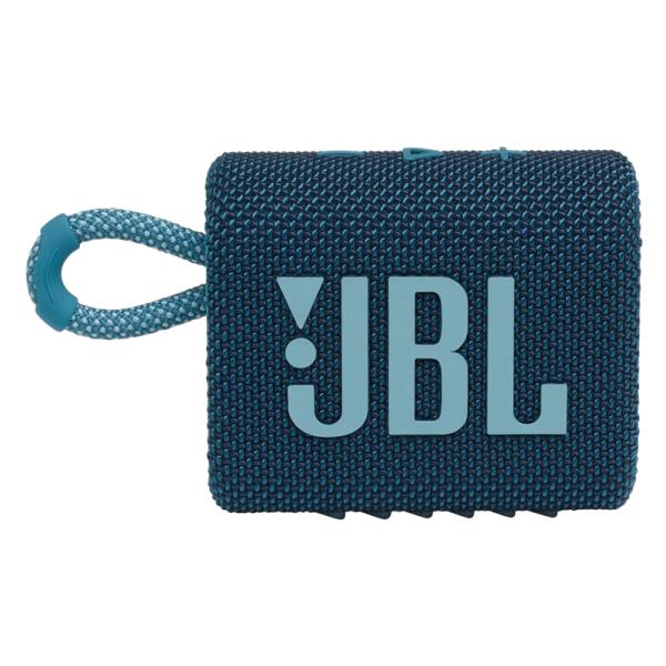 PARLANTE JBL GO 3 4W BLUETOOTH A PRUEBA DE AGUA JBLGO3BLUAM - parlante portátil azul con logo JBL y correa