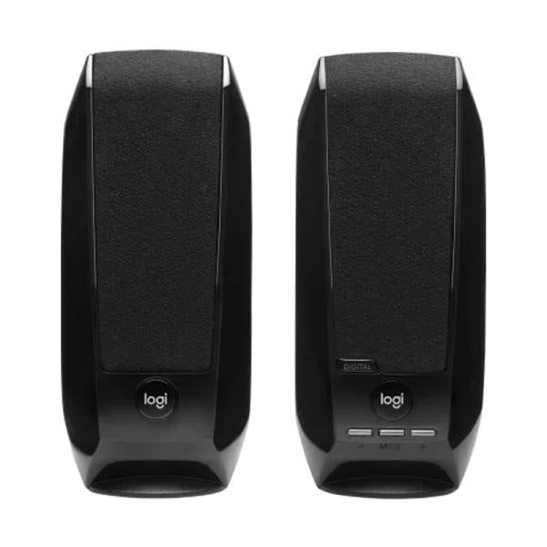 PARLANTE LOGITECH S150 1.2W 980-001004 – Par de parlantes estéreo negros compactos con controles frontales y logotipo Logi