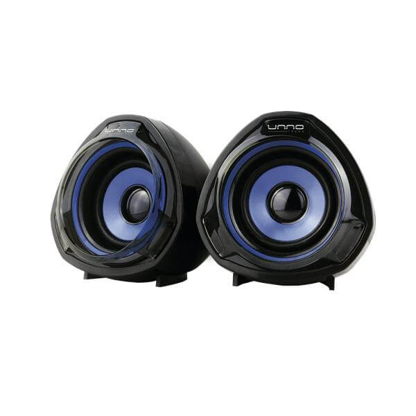 Parlantes estéreo 2.0 Unno Tekno con diseño moderno y sonido envolvente para una experiencia auditiva superior.