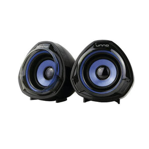 Parlantes estéreo 2.0 Unno Tekno con diseño moderno y sonido envolvente para una experiencia auditiva superior.