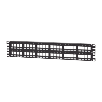 Panel de patch keystone 48 puertos 2U negro, ideal para organización de redes y conexiones.