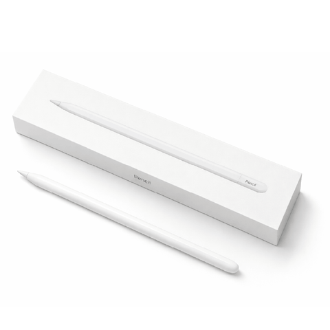 Pencil inalámbrico para iPad en caja blanca, diseño elegante y moderno, ideal para creatividad.