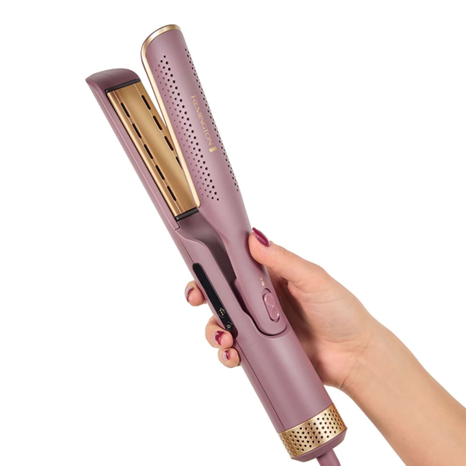 Estilizador y plancha 2 en 1 Remington en mano, ideal para alisar y secar cabello.
