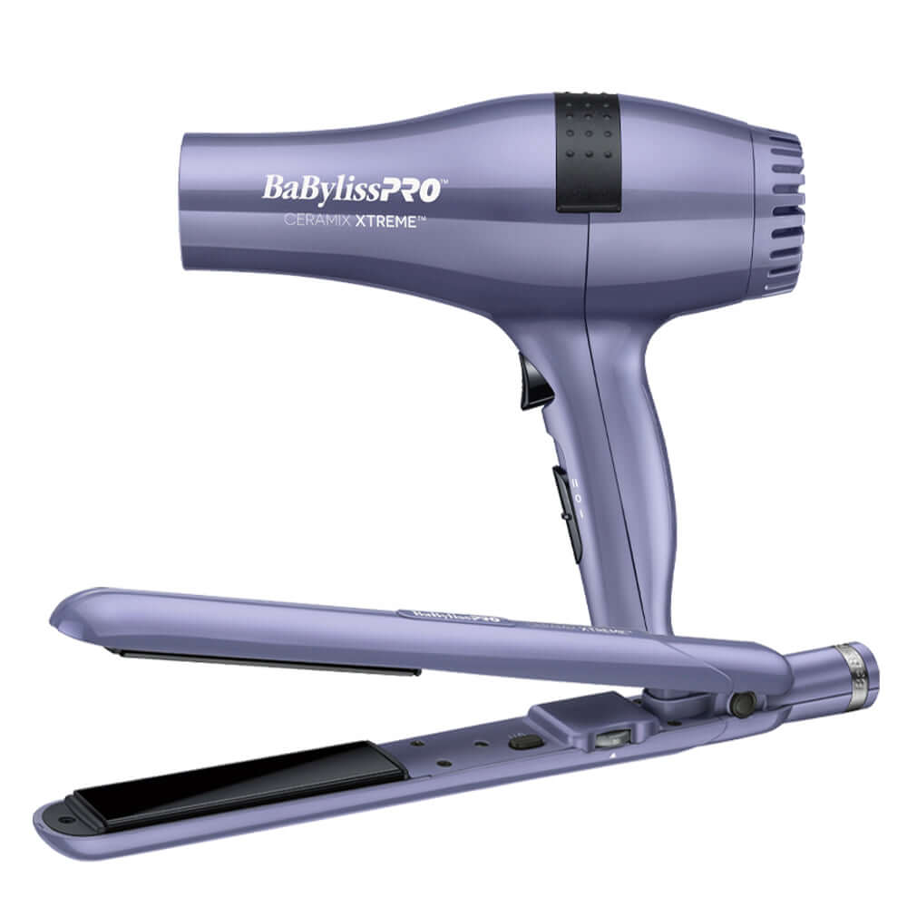 Pack de planchas ceramix xtreme moradas con plancha y secador de 2000W para uso en peluquería.