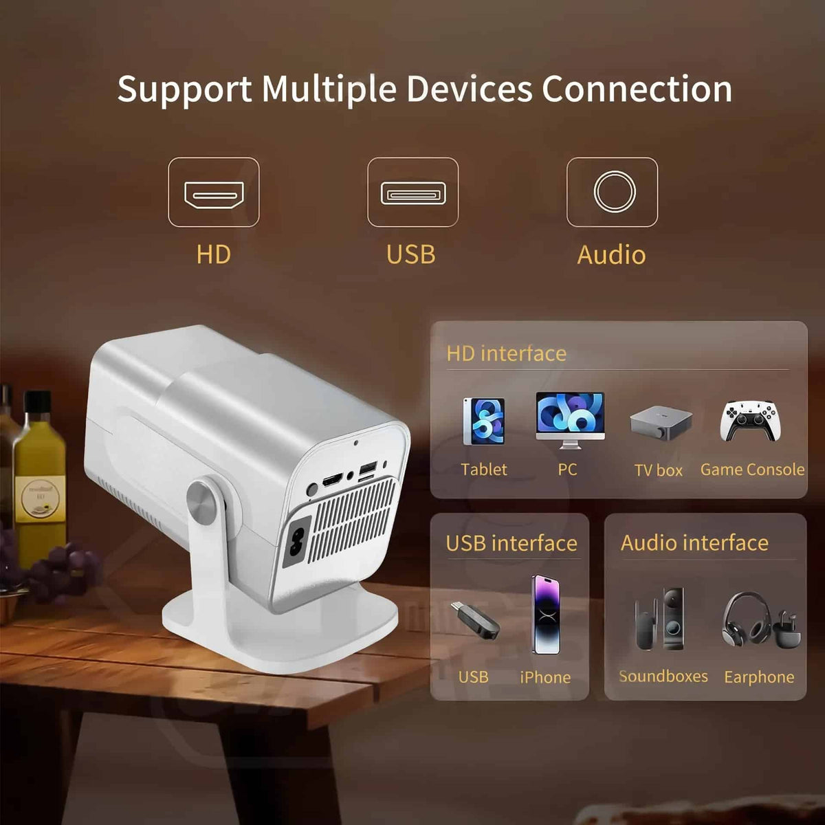 Proyector Salange HCS350 MAX liquidación con puertos HDMI, USB y de audio para múltiples dispositivos.