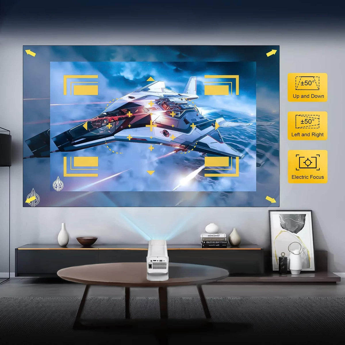 Proyector Salange HCS350 MAX liquidación proyectando en pantalla grande con ajustes de enfoque eléctrico.