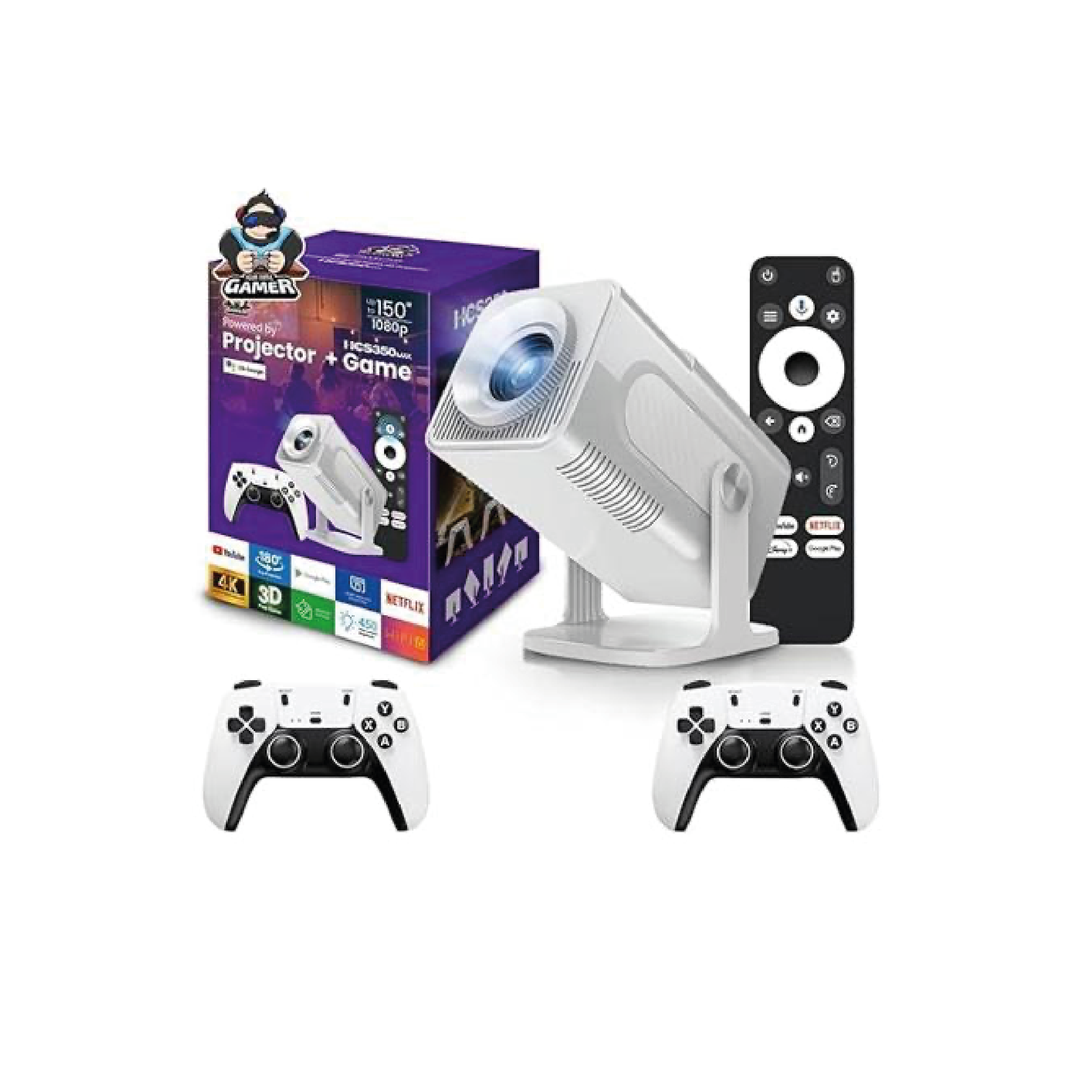 Proyector Salange HCS350 MAX incluye 2 controladores inalámbricos más de 30000 juegos compatible con 4K 1080P - proyector blanco con 2 mandos y control remoto, caja del producto