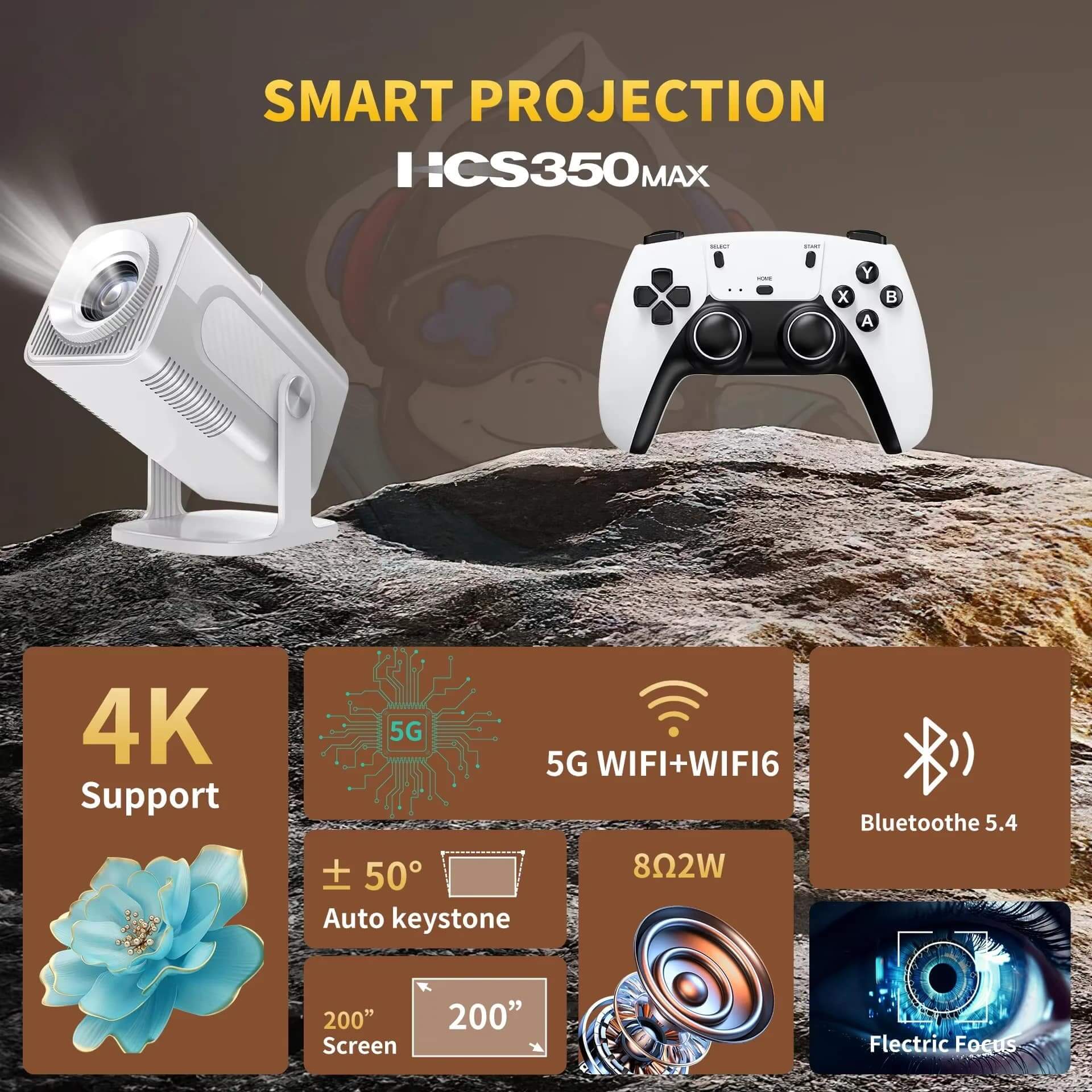 Proyector Salange HCS350 MAX incluye 2 controladores inalámbricos más de 30000 juegos compatible con 4K 1080P - proyector inteligente 4K, 150" y dos controles inalámbricos