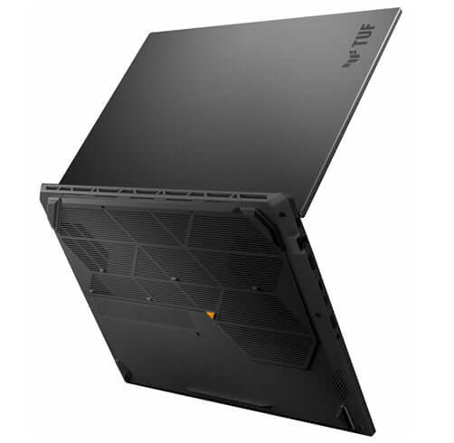 Laptop gaming ASUS RTX 5060 vista trasera con diseño elegante y ventilación optimizada.