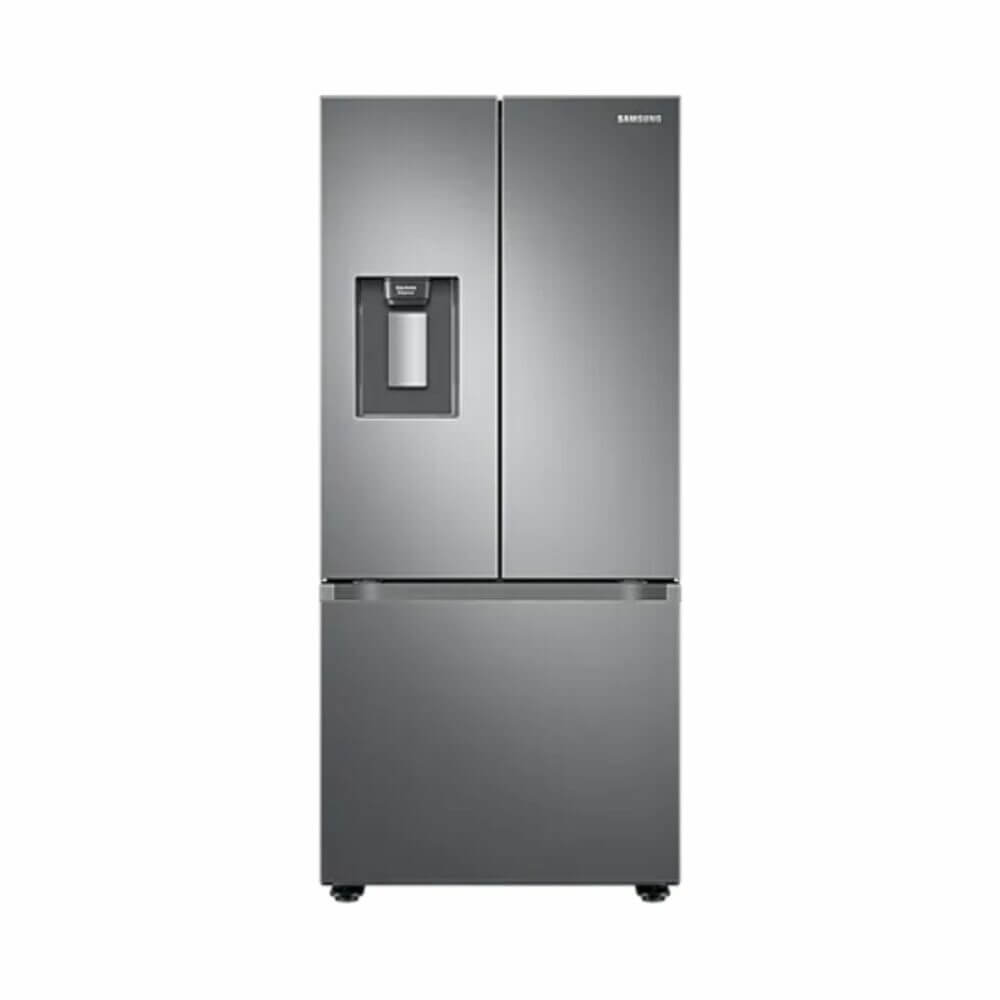 Refrigerador Samsung 22.2 pies tres puertas en color plateado mate, eficiente y funcional para cocinas modernas.