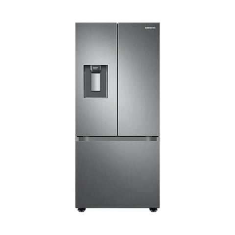 Refrigerador Samsung 22.2 pies tres puertas en color plateado mate, eficiente y funcional para cocinas modernas.