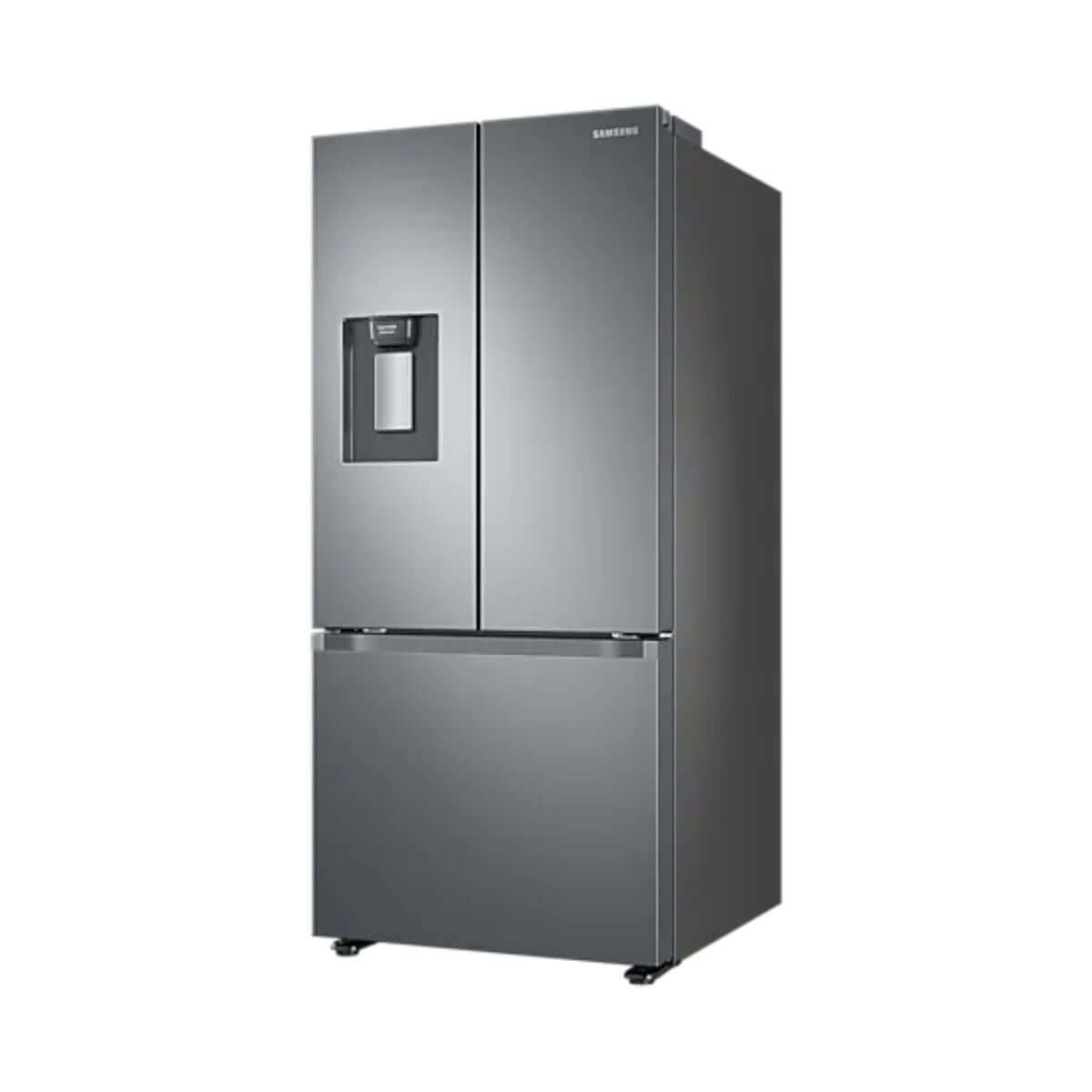 Refrigerador Samsung 22.2 pies tres puertas de acero inoxidable mate, ideal para almacenamiento eficiente en la cocina.