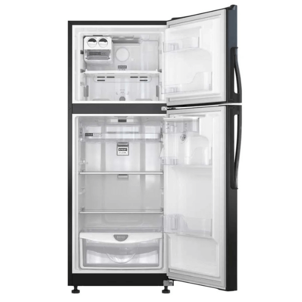 Refrigerador Whirlpool 9 pies con puerta abierta, diseño moderno y espacio interior optimizado.