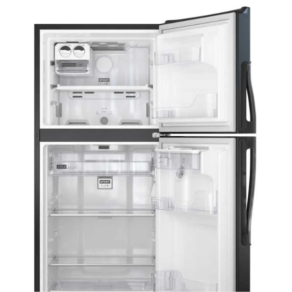 Refrigerador Whirlpool 9 pies con diseño moderno y dispensador de agua en color Onyx.