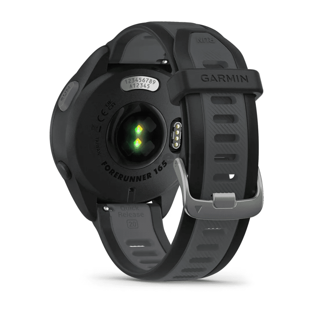Reloj Garmin Forerunner 165 Negro 43 Mm - vista trasera sensor y correa negra