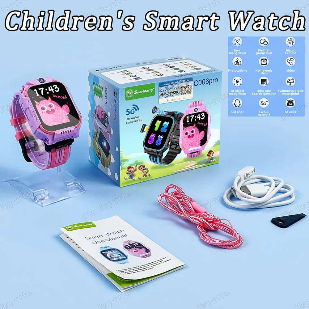 Reloj inteligente 5G para niños, ubicación GPS SOS, tarjeta Sim, llamada, reloj inteligente para niños, cámara, videollamada, reloj impermeable - reloj rosa y negro con caja y accesorios