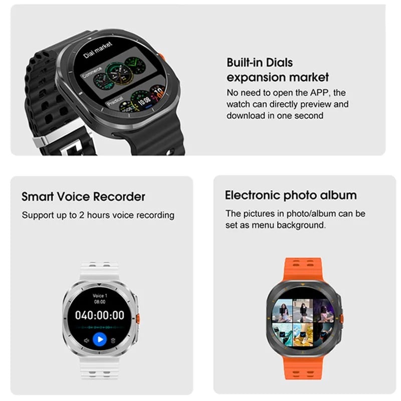 Reloj inteligente DT Ultra de 47mm mostrando funciones como grabadora de voz y álbum de fotos.