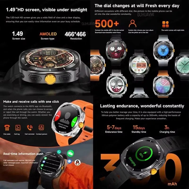 Reloj inteligente DT Ultra 47mm mostrando características como pantalla AMOLED y duración de batería.