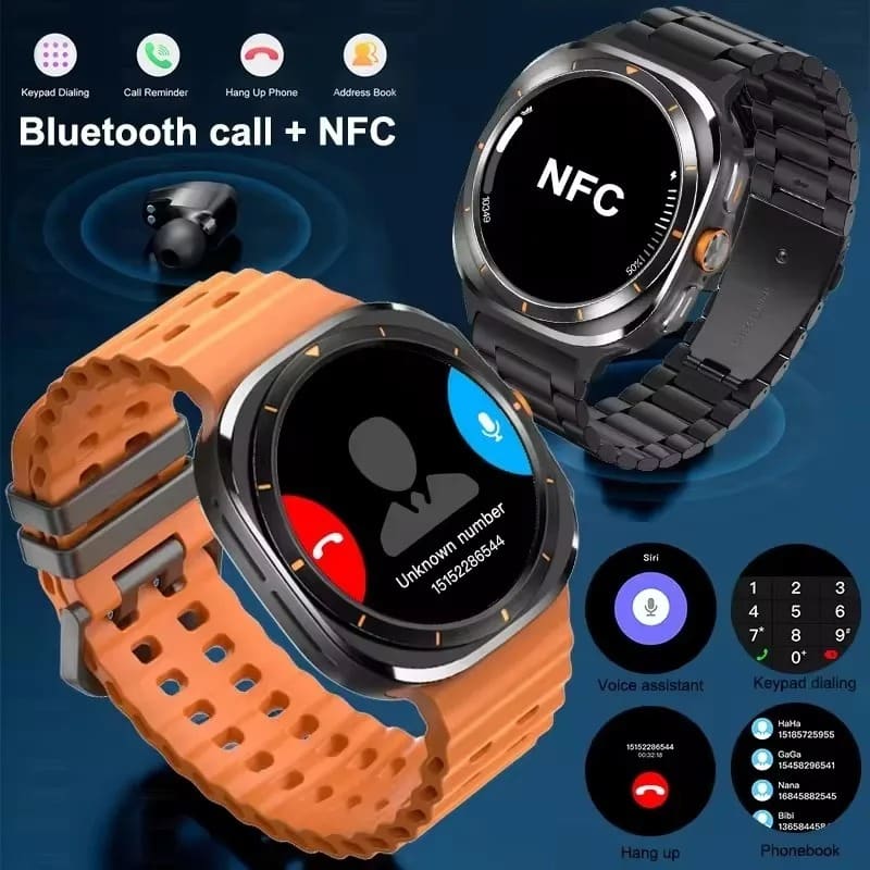 Reloj inteligente DT Ultra 47mm con conectividad Bluetooth y NFC, disponible en color naranja y negro.
