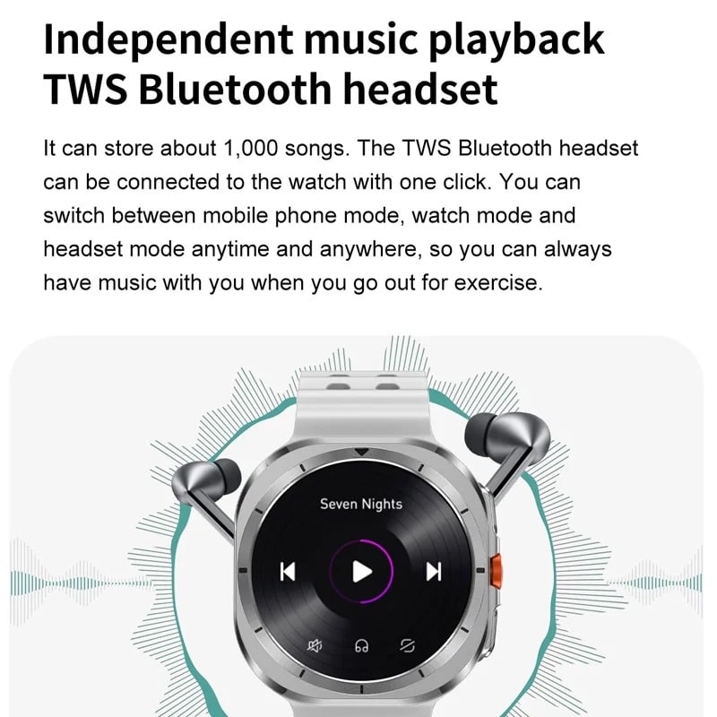 Reloj Inteligente Dt Ultra De 47Mm, Memoria De 32Gb, Música Local, Bluetooth, Llamada, Brújula, Menú 3D, Carga Inalámbrica, Serie 7 mostrando reproducción musical y TWS Bluetooth