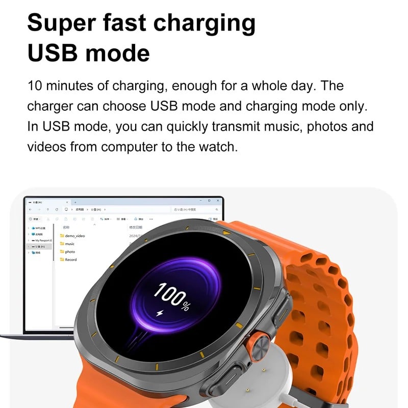 Reloj Inteligente Dt Ultra De 47Mm, Memoria De 32Gb, Música Local, Bluetooth, Llamada, Brújula, Menú 3D, Carga Inalámbrica, Serie 7 - reloj naranja mostrando carga rápida USB al 100%
