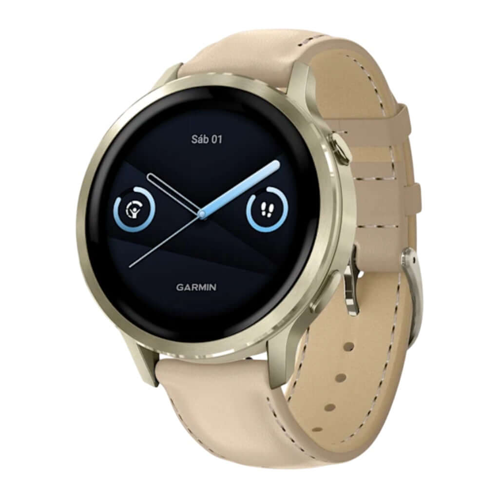 Reloj inteligente Venu® 4, 41 mm, Dorado, correa silicón blanca y cuero beige Costa Rica