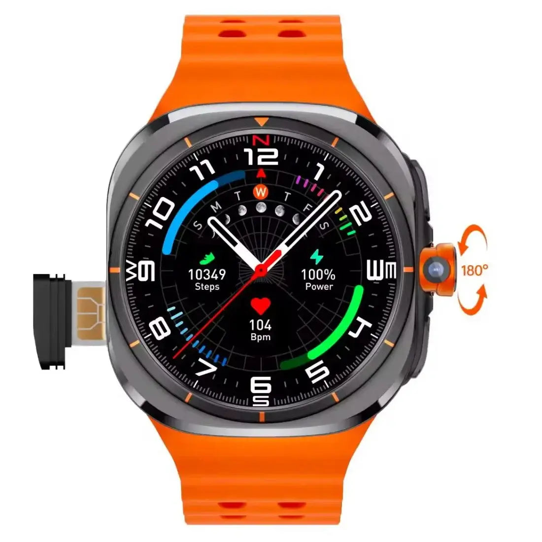 Reloj inteligente Kalobee America Ultra para chip red 4G/5G 32GB pantalla Amoled - smartwatch negro/plateado con correa naranja, pantalla AMOLED, SIM 4G/5G, cámara rotatoria