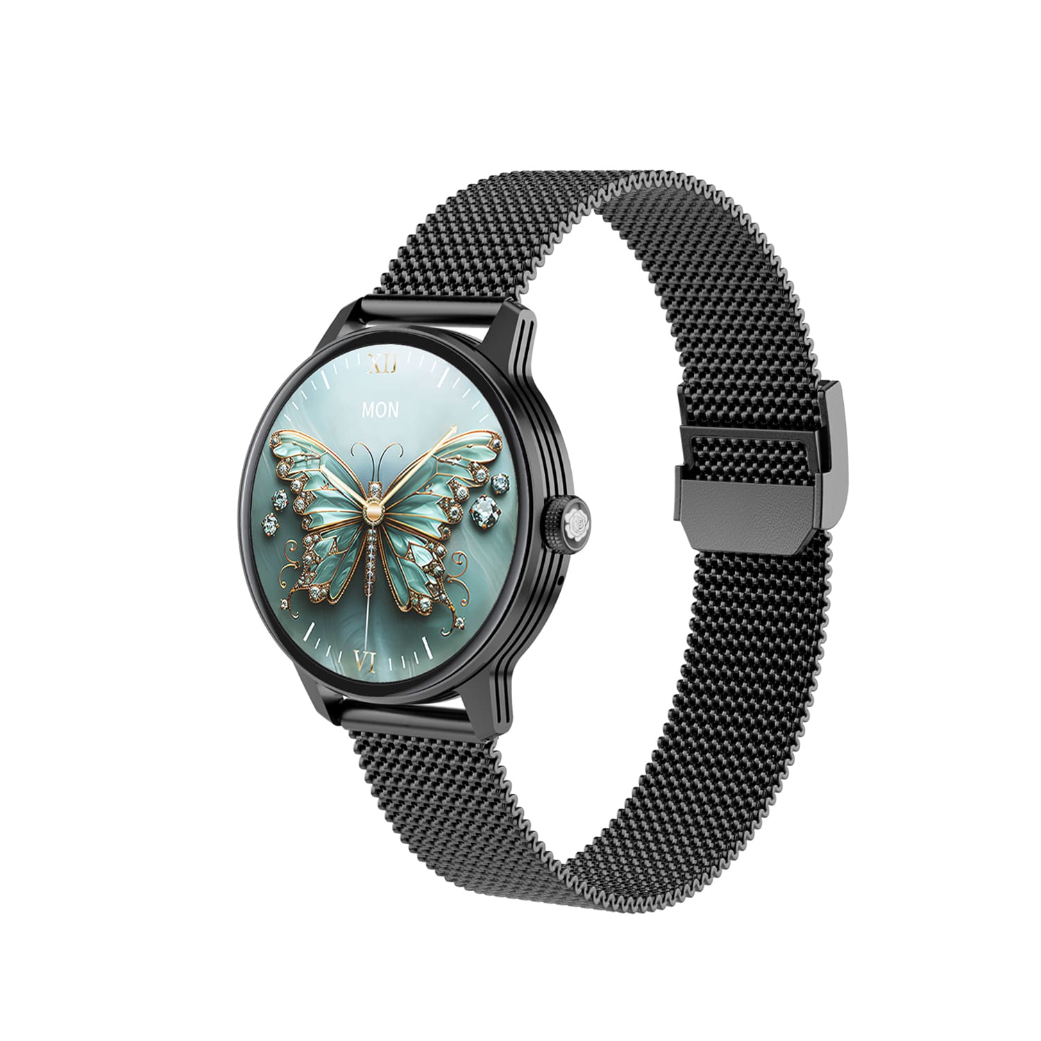 Reloj inteligente Zordai Od9 Pro para mujer con pantalla AMOLED 1.19", diseño mariposa y correa milanese negra resistente al agua IP68
