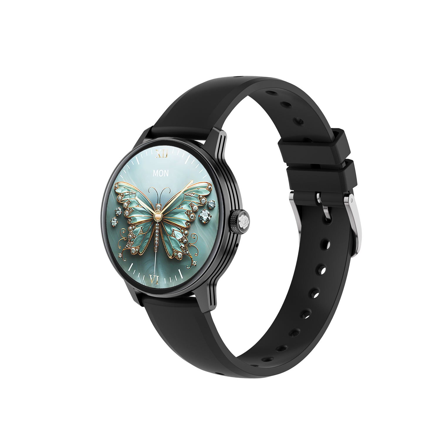 Reloj inteligente Zordai Od9 Pro para mujer con correa negra y esfera AMOLED con diseño de mariposa
