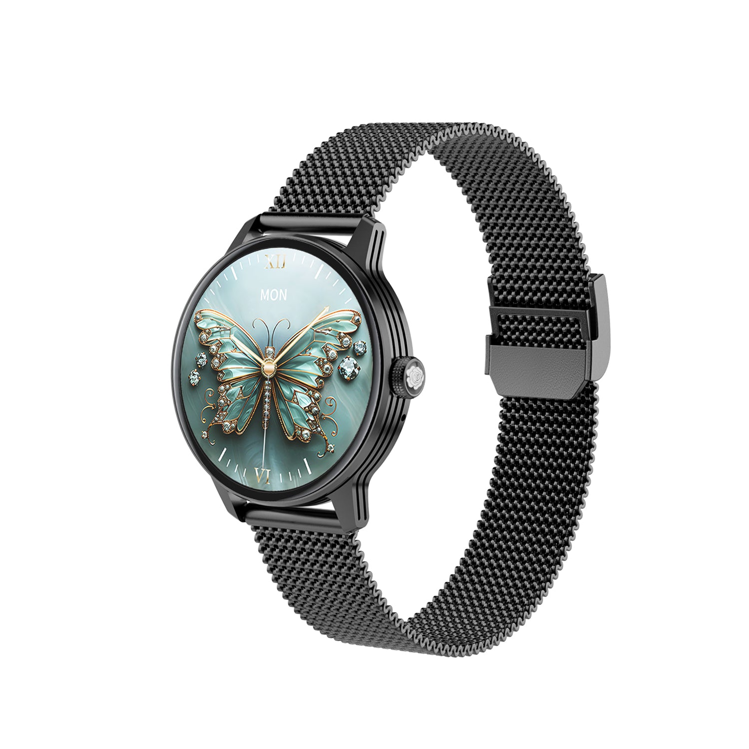 Reloj inteligente Zordai Od9 Pro para mujer con correa de malla negra y esfera AMOLED estilo mariposa