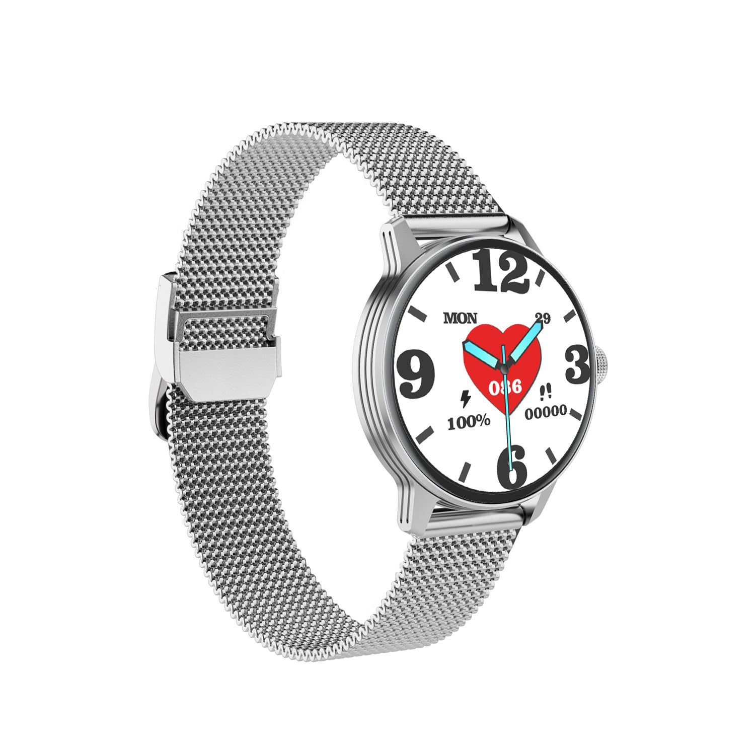 Reloj inteligente Zordai Od9 Pro para mujer con correa de malla plateada y pantalla AMOLED mostrando monitor de ritmo cardiaco