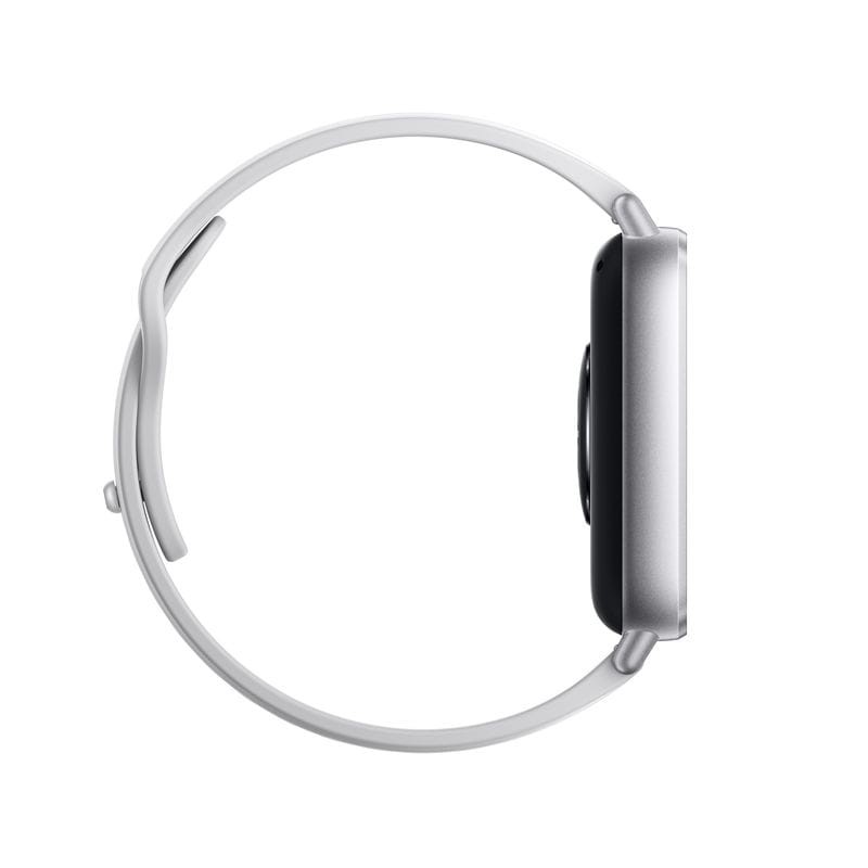 Reloj Inteligente Redmi Watch 5 Active 57766 Plateado vista lateral delgado correa plateada pantalla rectangular sensores y diseño moderno